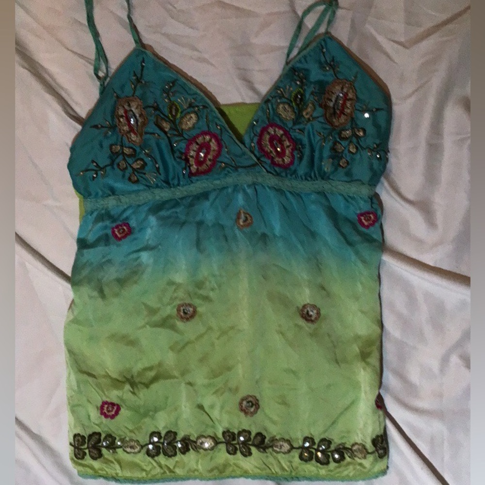 Vintage Blue silk tank top with flower appliqués
